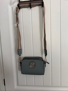 Dusty Blue Double-Zip Crossbody with Woven Strap